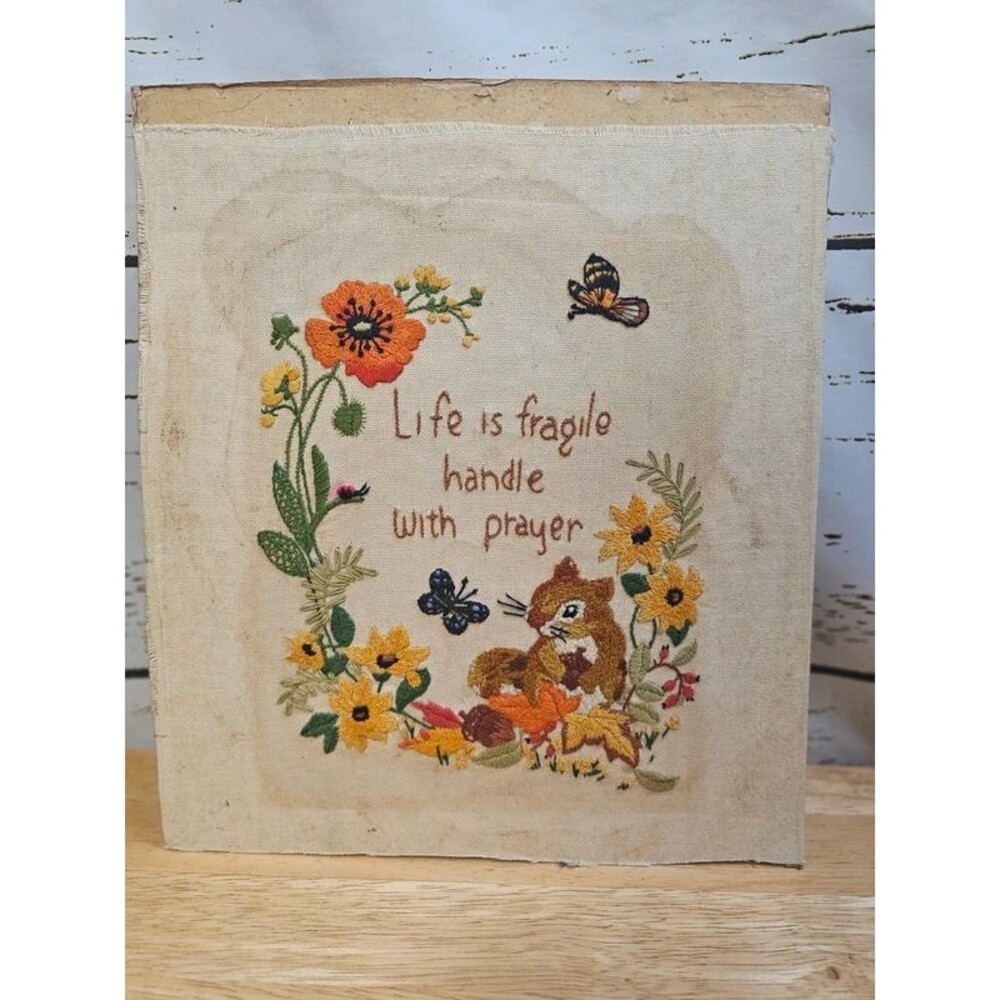 Vintage 1970s Crewel Embroidery Squirrel Floral Wall Art Life Is Fragile 13x11